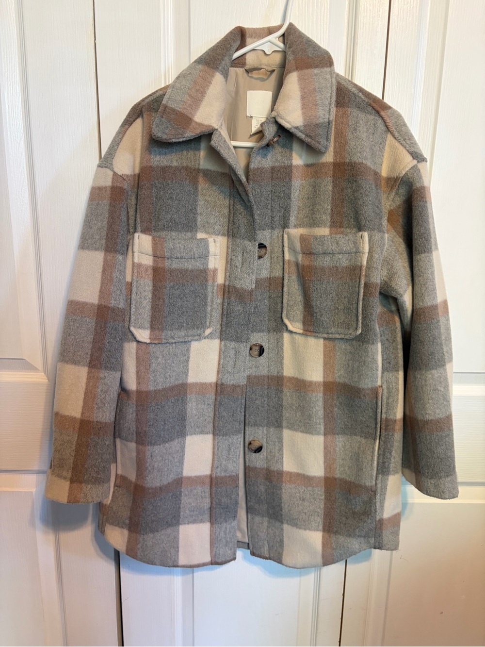 H&M Plaid Pea Coat in Gray, Cream & Brown